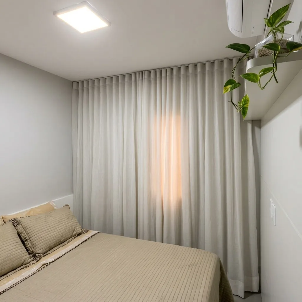 Cortina em quarto com luz de fim de tarde
