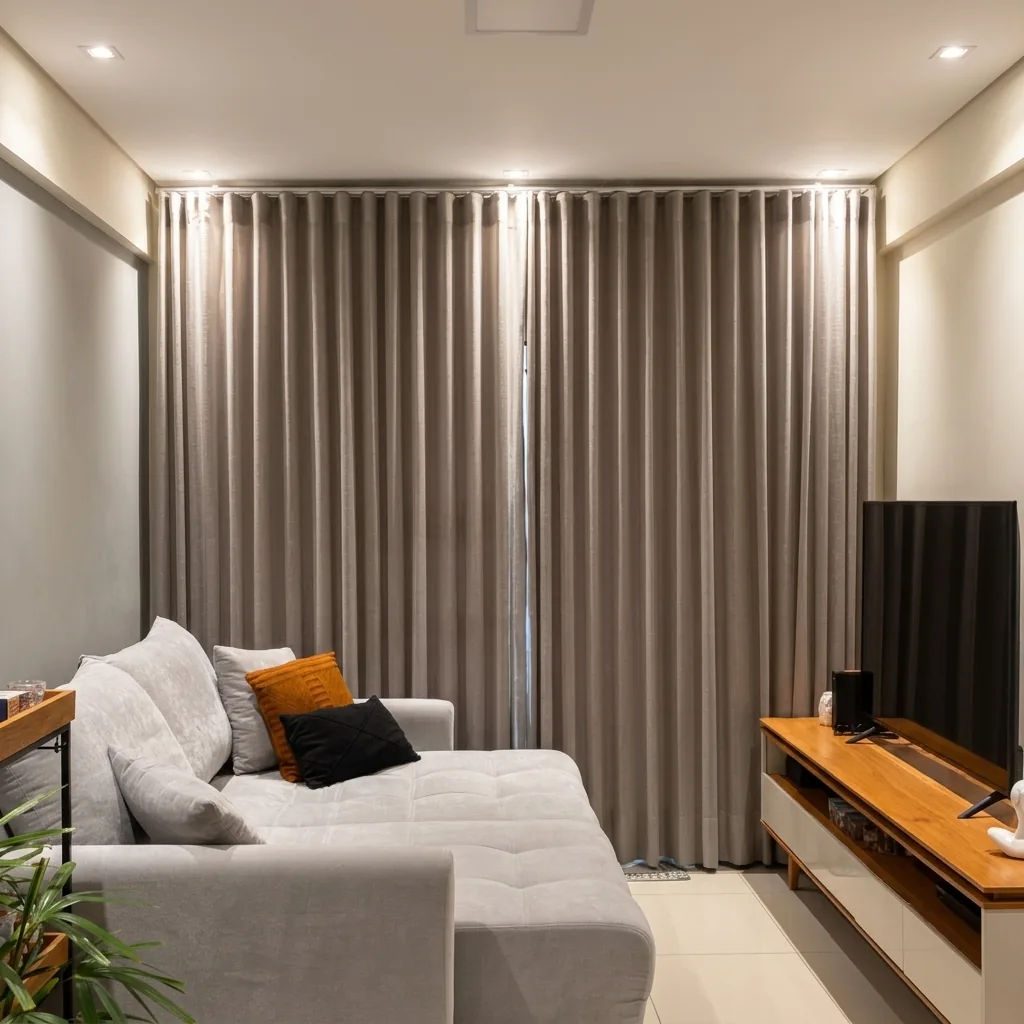 Cortinas em sala com luz noturna