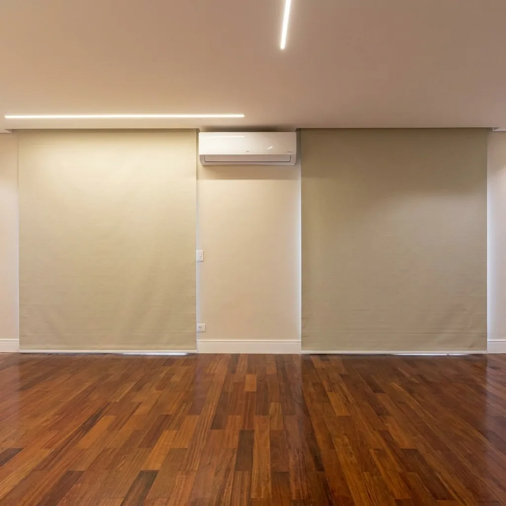 Persianas rolô cor linho em sala ampla com piso de madeira em Piracicaba