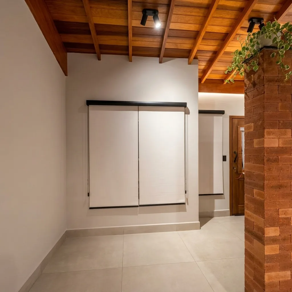Persiana rolô branca em ambiente com teto de madeira