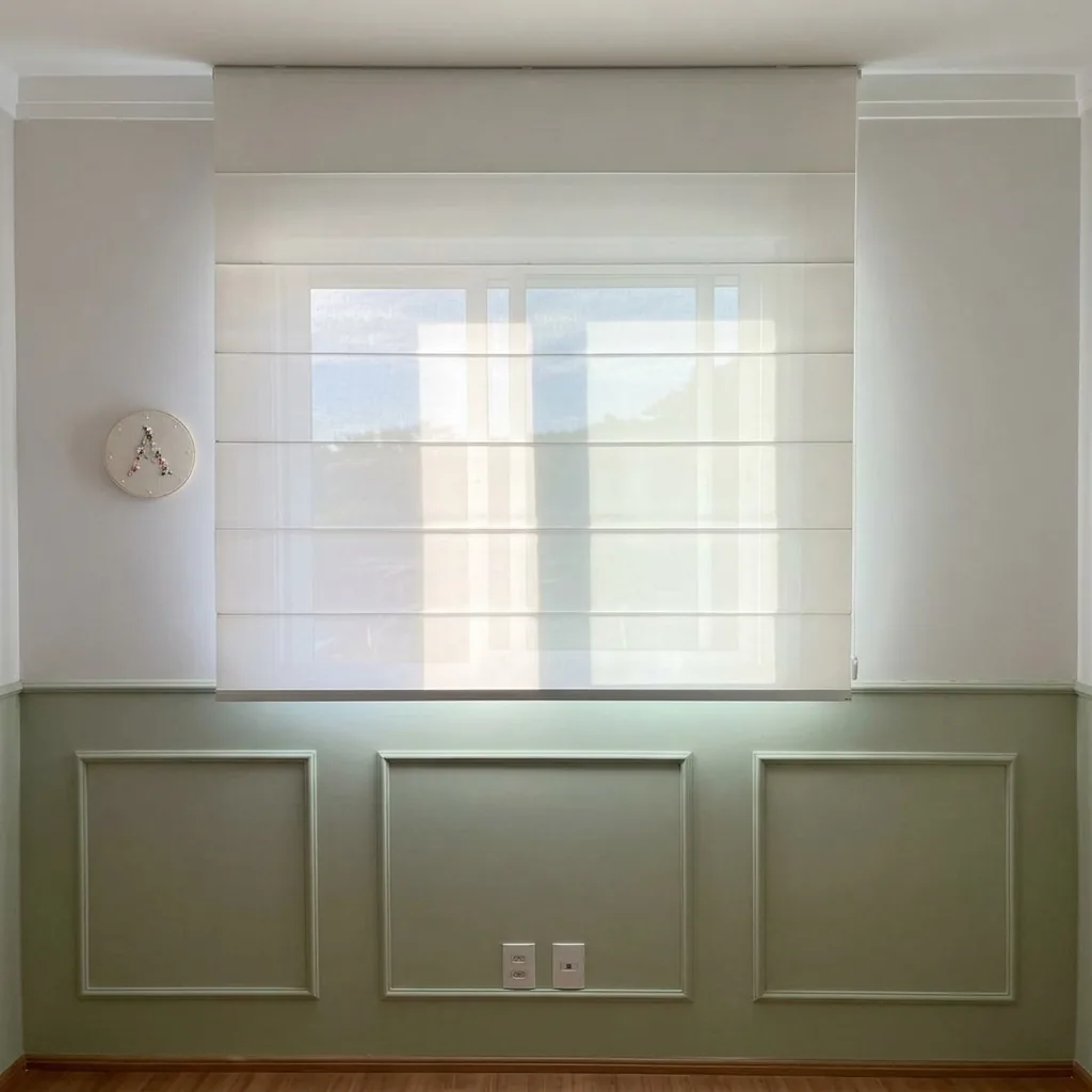 Persiana romana translúcida sob medida em quarto com boiserie verde-sálvia em Piracicaba
