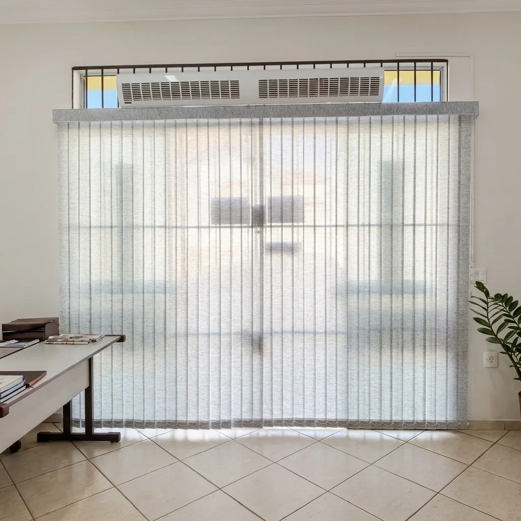 Persiana vertical translúcida em porta de vidro ampla de escritório em Piracicaba